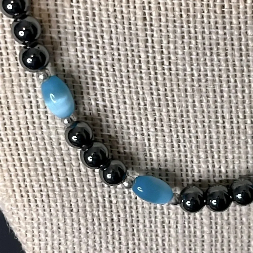 Hematite and Blue‎ Glass Beaded Vintage 90s Necklace